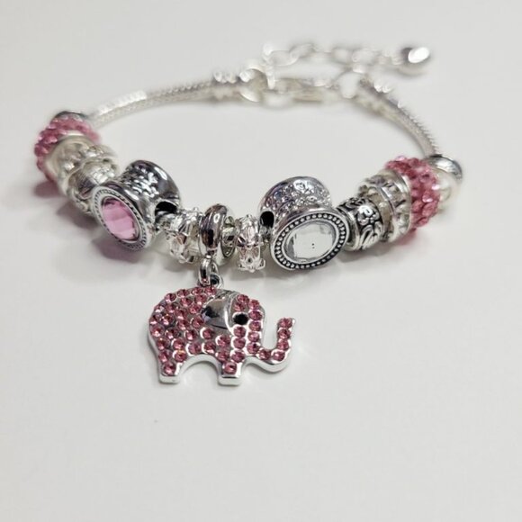 NWT Pandora Style Charm Bracelet Sparkling Pink Elephant Glittering Rhinestones - Picture 2 of 7